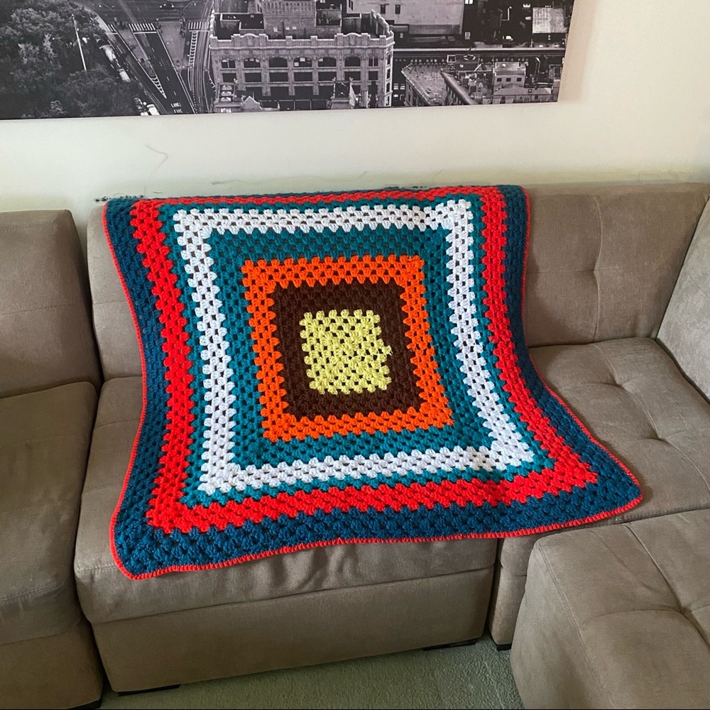 Vintage Colorful Handmade Crochet Blanket 43” x 43”